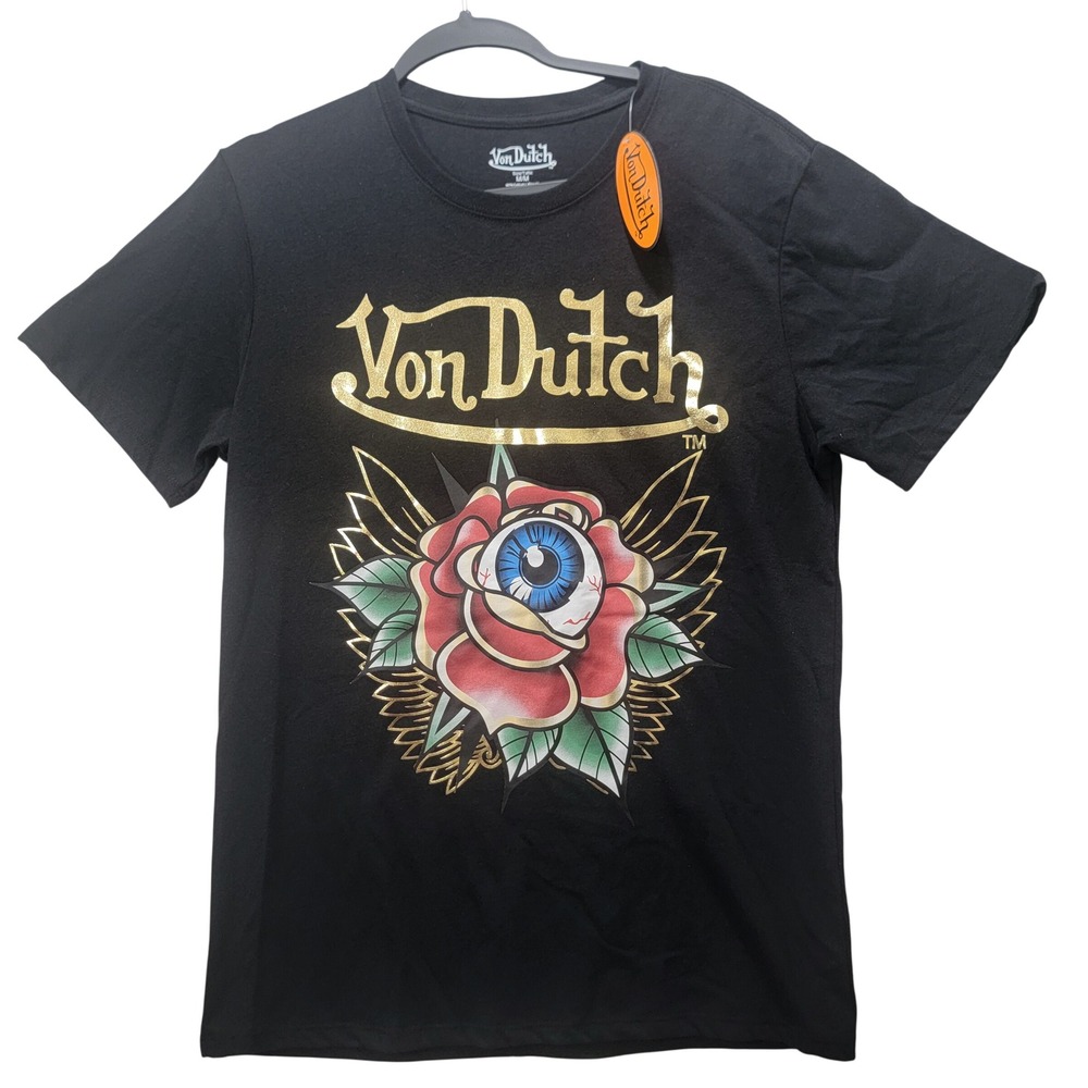 Von Dutch Mens MED Black T-Shirt Gold Logo Rose Eyeball Wings Graphic Tee NEW